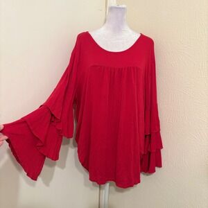 Vtg Y2K With Love Red Tiered Ruffle Bell Sleeve Tunic Top 1X Fairy Boho Hippie